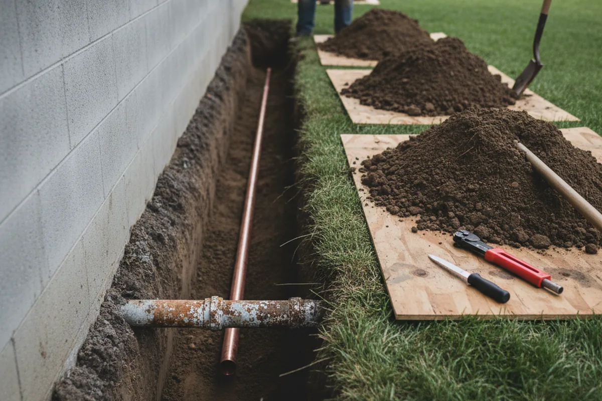 Excavated water line trench during Water Heater Repair in Trabuco Canyon